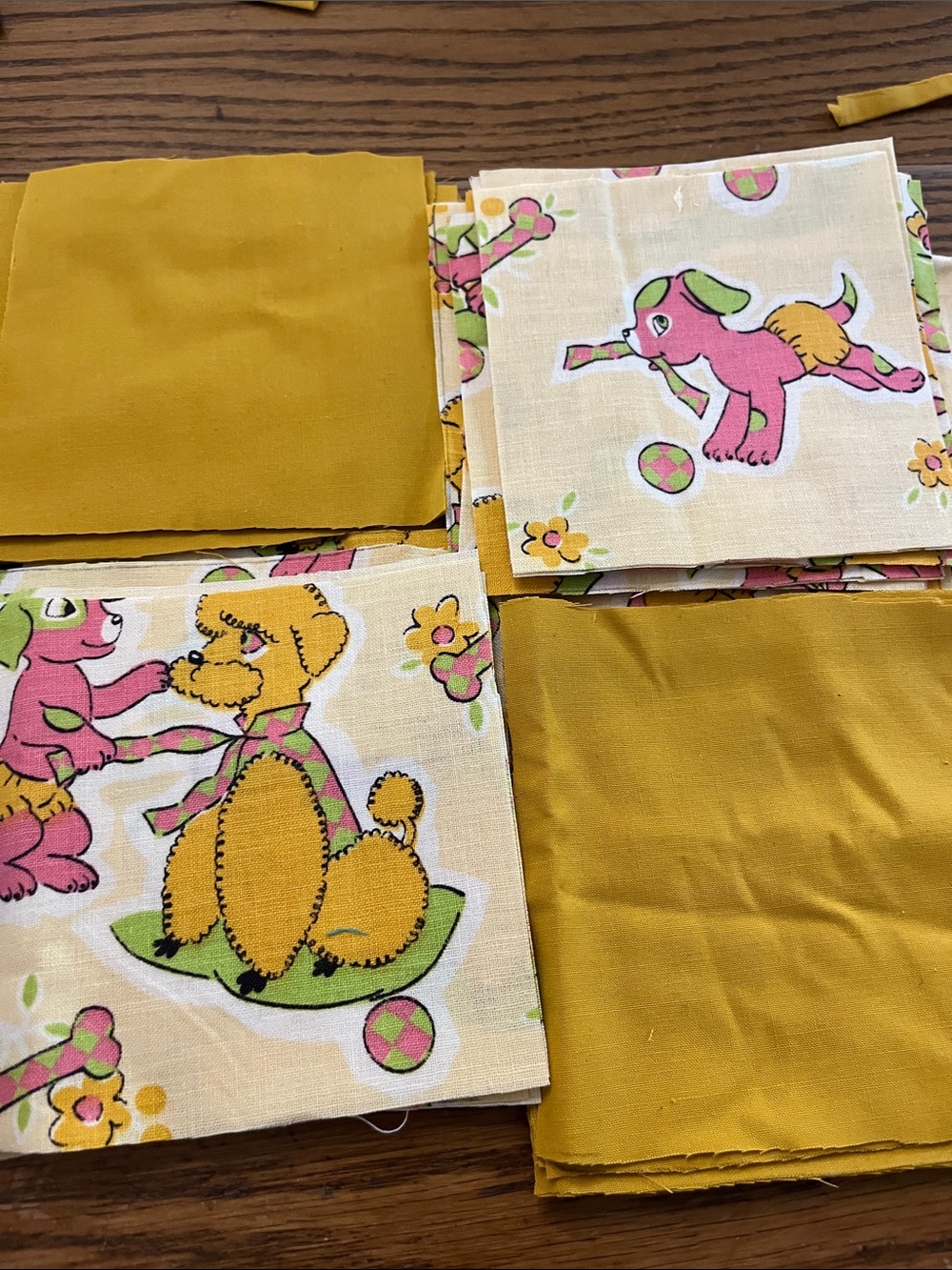 Vintage-inspired Puppy & Poodle Cotton Fabric quilt Squares - Mustard & Pink